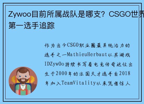 Zywoo目前所属战队是哪支？CSGO世界第一选手追踪